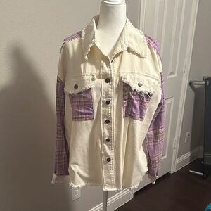 Large POL Cream and Purple Plaid Shacket